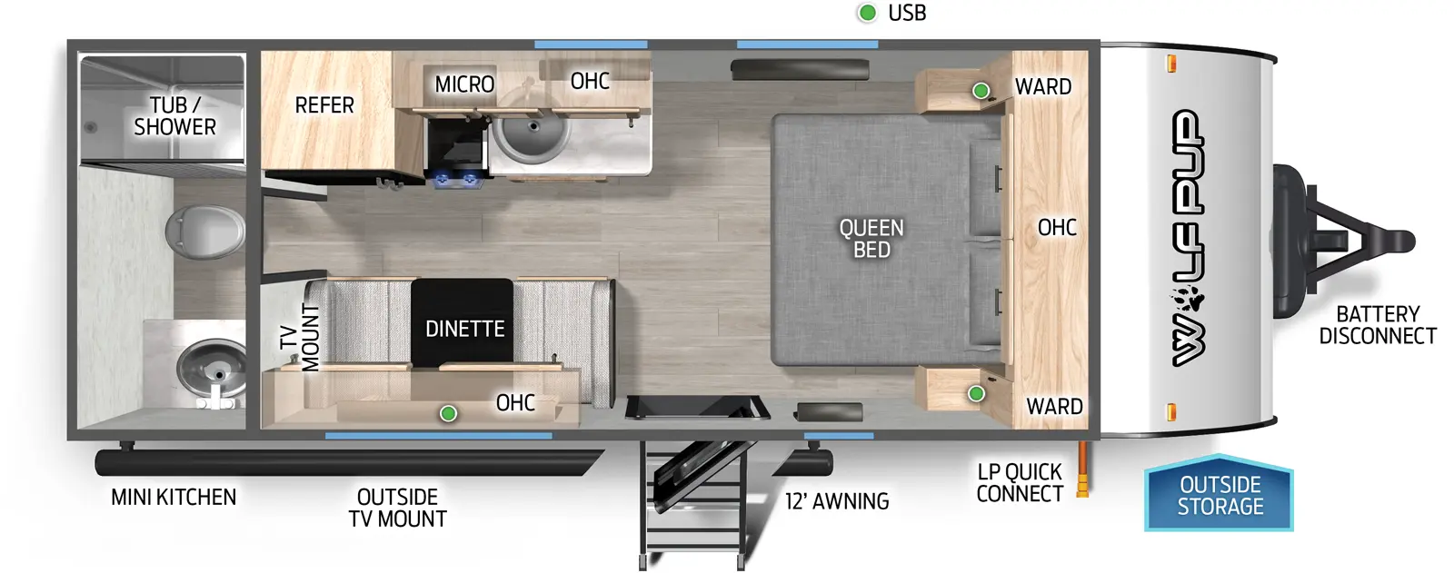 The Wolf Pup 16FQW floorplan has one entry and zero slide outs. Exterior features include: metal exterior, 12' awning and outside kitchen. Interiors features include: front bedroom and rear bathroom.